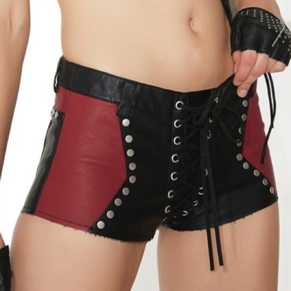 Current Mood leather black and red studded shorts